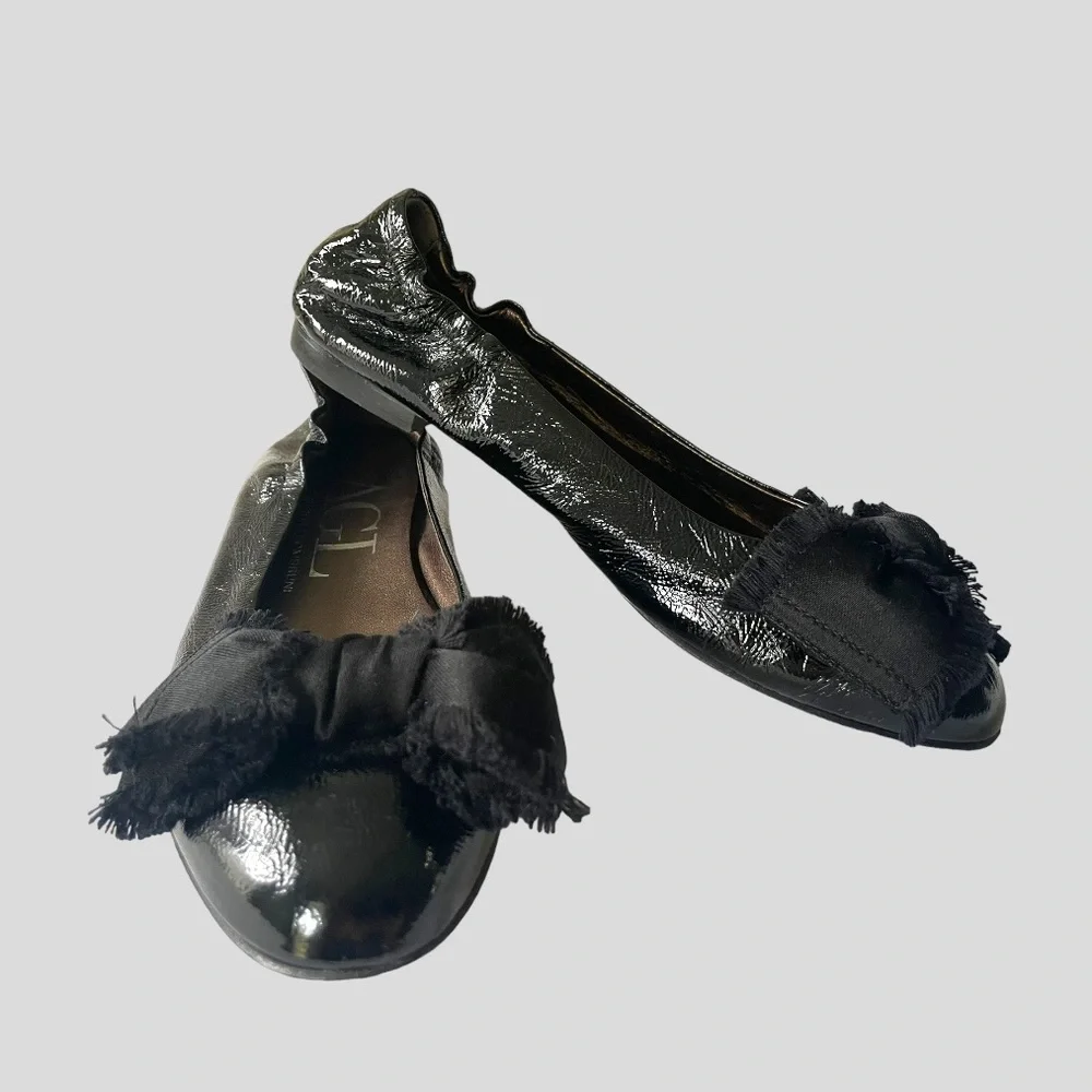 AGL ATTILIO GIUSTI LEOMBRUNI SATIN BOW PATENT LEATHER BALLET FLATS 38
